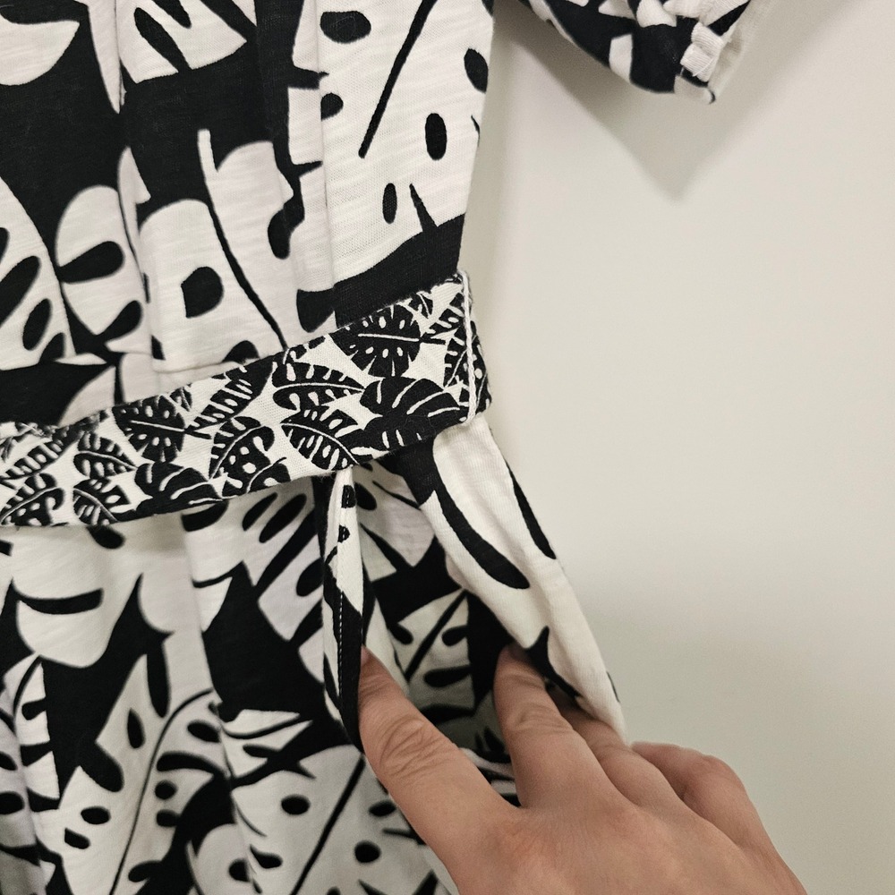 Boden Amanda Leaf Print Belted Cotton Jersey Dress 8 Petite Black White NWT - Picture 5 of 8
